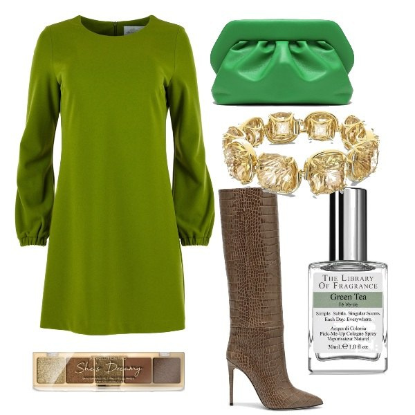 Outfit donna - Abitino verde. Stile Chic per Serata fuori. Abbinamento con ombretti, profumi, vestiti midi/longuette, stivali, braccialetti, clutch.