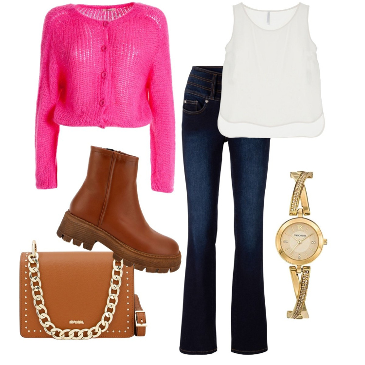 Outfit donna - Un orologio chic. Stile Casual chic per Ufficio. Abbinamento con jeans bootcut, cardigans, canottiere, pochette, stivaletti, orologi analogici.