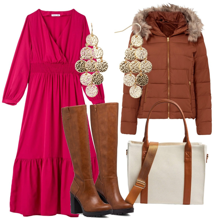 Outfit donna - Bohémien invernale. Stile Boho per Tutti i giorni. Abbinamento con giacche, orecchini, vestiti lunghi, shopping bag, stivali sopra il ginocchio.