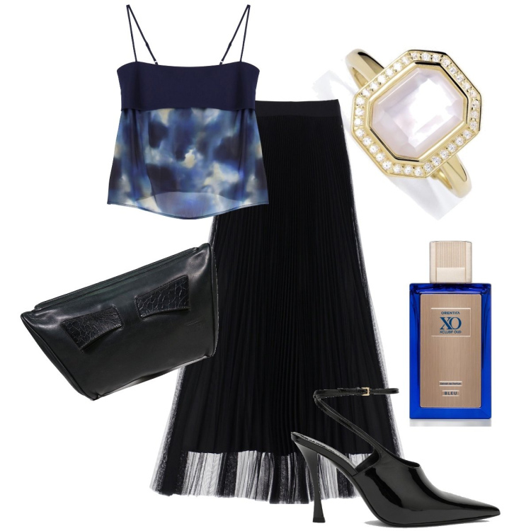Outfit donna - Un anello di famiglia. Stile Chic per Serata fuori. Abbinamento con profumi, anelli, gonne lunghe, canottiere, borse a mano, scarpe col tacco.
