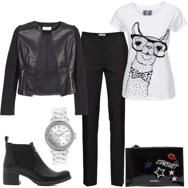 Outfit donna - Stivaletto black. Stile Rock per Serata fuori. Abbinamento con pantaloni, t-shirt animalier in denim, giacca nero, stivaletti, pochette fantasia effetto vernice in pelle, orologio.