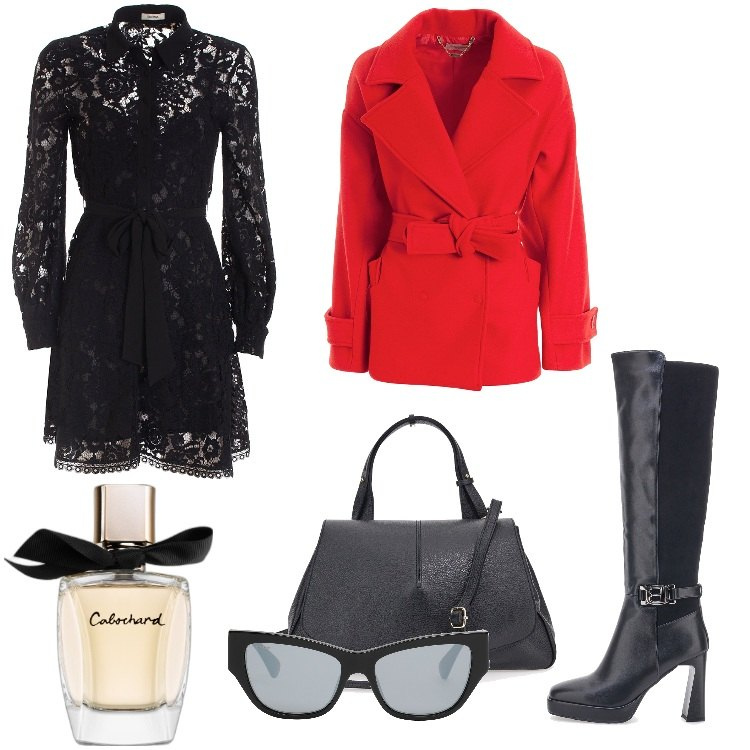 Outfit donna - Pre Black Friday - Novembre. Stile Urban per Serata fuori. Abbinamento con occhiali da sole, profumi, vestiti chemisier, cappotti, stivali sopra il ginocchio, borse a tracolla.