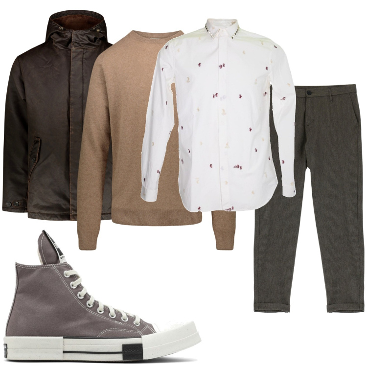Outfit uomo - Elegante informale con le sneaker. Stile Trendy per Tutti i giorni. Abbinamento con camicie, pantaloni, maglieria, sneakers alte, cappotti.