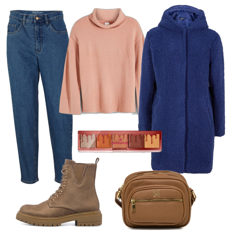 Outfit donna - Jeans e giacca Teddy. Stile Basic per Tutti i giorni. Abbinamento con blazer, maglieria, jeans mom, ombretti, anfibi, borse a tracolla.