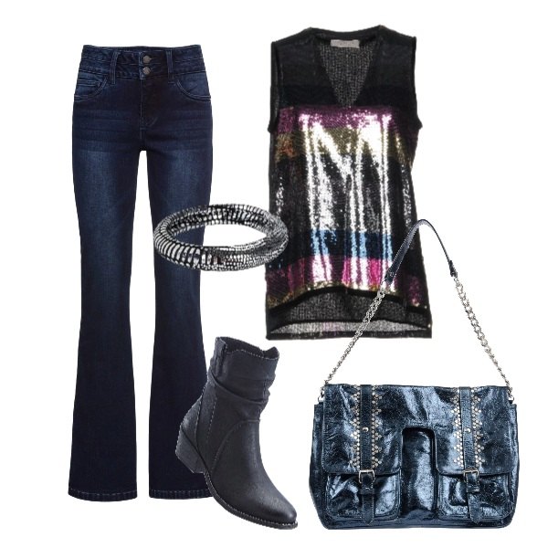 Outfit donna - Jeans a zampa. Stile Trendy per Tutti i giorni. Abbinamento con jeans bootcut, stivaletti con zip nero, top spacchi laterali a righe con paillettes senza maniche interno foderato in tulle, borsa a spalla messenger effetto laminato taglia media con zip interno foderato tinta unita, bracciale effetto laminato in pelle.