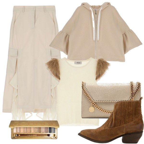 Outfit donna - Dal panna al beige. Stile Casual chic per Tutti i giorni. Abbinamento con ombretti, stivaletti texani, canottiere, gonne longuette, felpe con cappuccio, borse a tracolla.