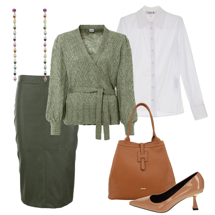 Outfit donna - Maglione a portafoglio. Stile Casual per Ufficio. Abbinamento con maglieria, orecchini, camicie, borse a secchiello, décolleté, gonne.