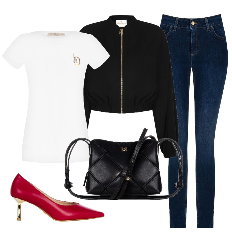 Outfit donna - Basic con la scarpa rossa. Stile Basic per Tutti i giorni. Abbinamento con décolleté, borse a spalla, bomber, jeans skinny, t-shirt.