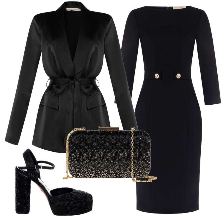 Outfit donna - Cena romantica. Stile Chic per Serata fuori. Abbinamento con vestiti midi/longuette, cappotti, clutch, scarpe col tacco.