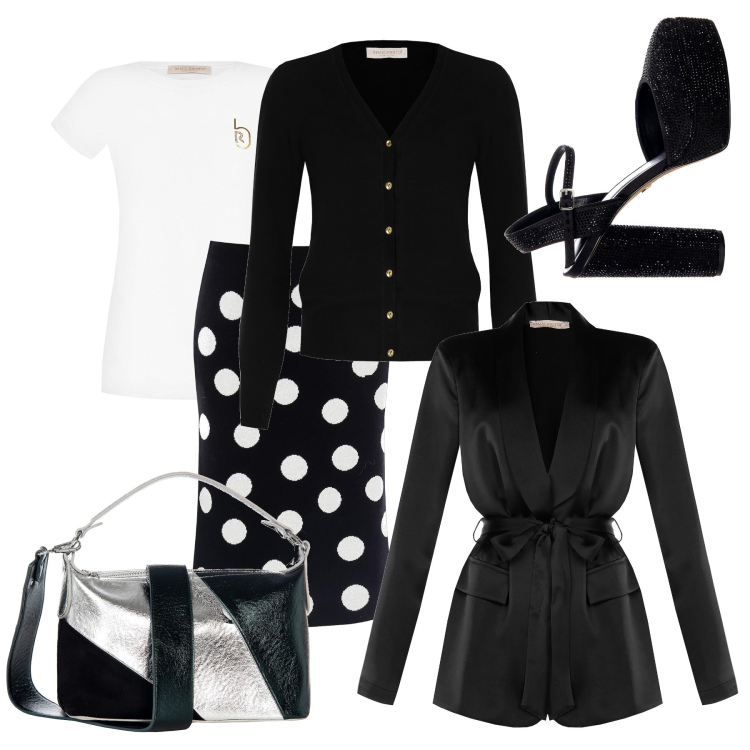 Outfit donna - Black & White by Rinascimento. Stile Casual chic per Ufficio. Abbinamento con cardigans, gonne longuette, cappotti, t-shirt, scarpe col tacco, borse a mano.