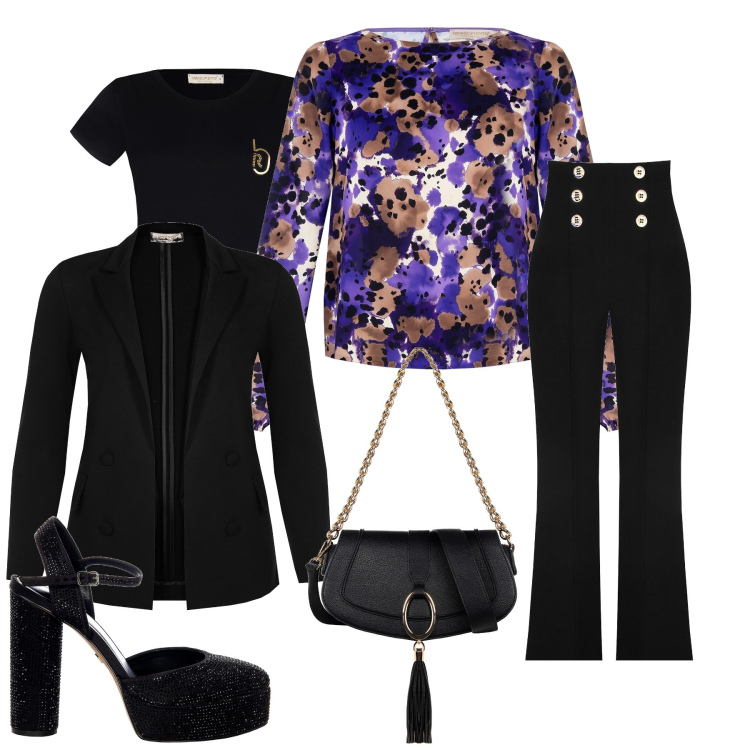 Outfit donna - Un tocco di viola. Stile Casual chic per Ufficio. Abbinamento con pantaloni a palazzo, bluse, cappotti, scarpe col tacco, t-shirt, borse a spalla.