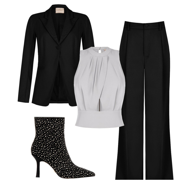 Outfit donna - Serata elegante. Abbinamento con top, pantaloni a palazzo, blazer, stivaletti.