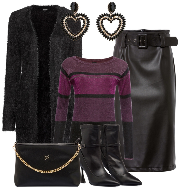Outfit donna - Serata. Stile Trendy per Serata fuori. Abbinamento con maglieria, cardigans, gonne longuette, orecchini, stivaletti, borse a tracolla.