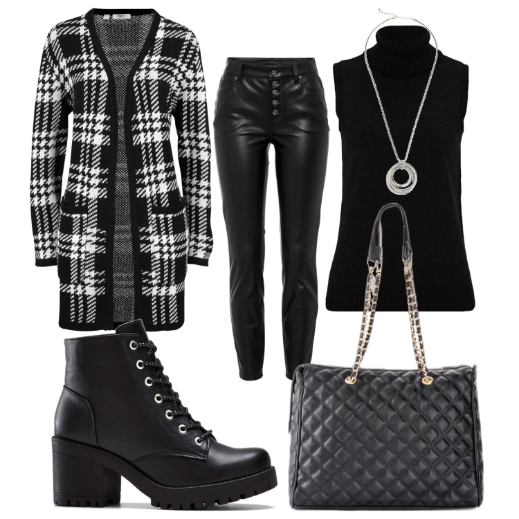 Outfit donna - Total look #1759873. Stile Glamour per Serata fuori. Abbinamento con stivaletti, shopping bag, cardigans, pantaloni, maglieria, collane.
