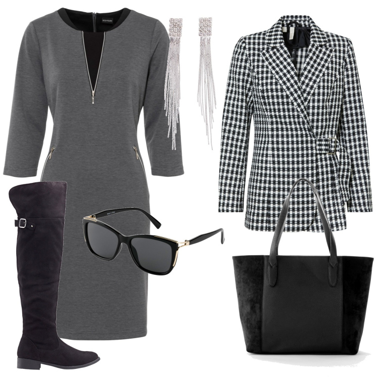 Outfit donna - In ufficio al lunedì. Stile Bon Ton per Ufficio. Abbinamento con shopping bag, orecchini, vestiti, blazer, stivali sopra il ginocchio, occhiali da sole.