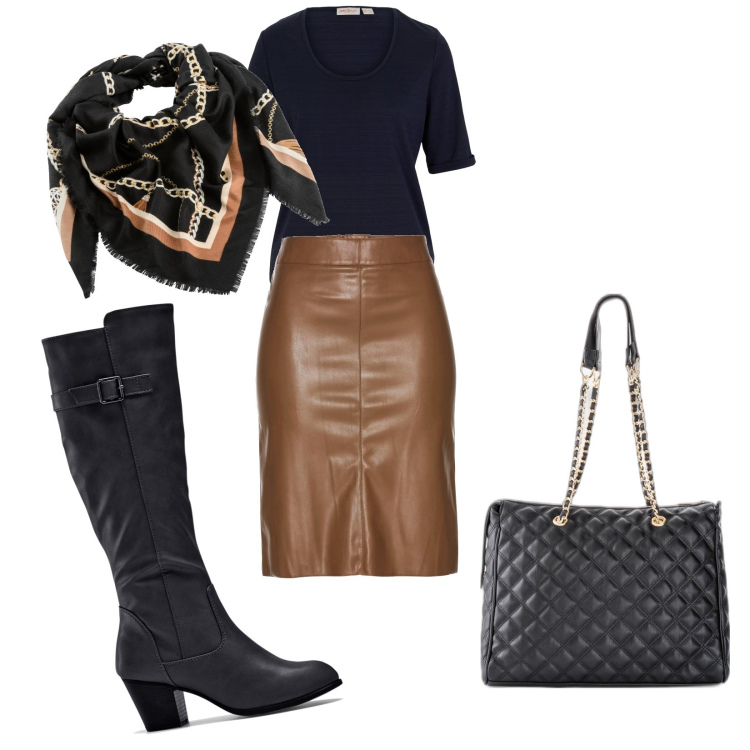 Outfit donna - Total look #1759934. Stile Casual chic Abbinamento con shopping bag, stivali, foulard, gonne longuette, maglieria.