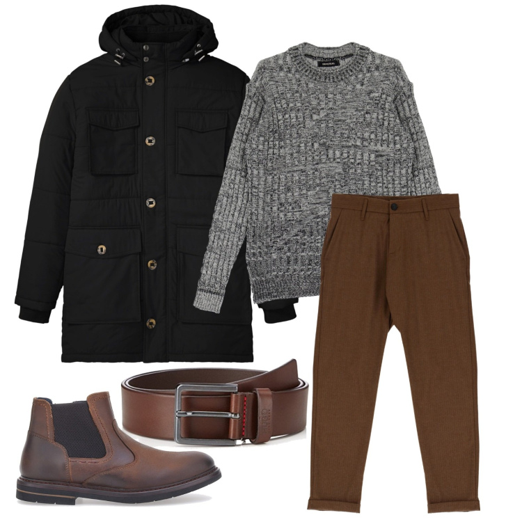 Outfit uomo - Ghost outfitter - novembre. Stile Casual per Tutti i giorni. Abbinamento con parka, pullovers, pantaloni, stivali e stivaletti, cinture.