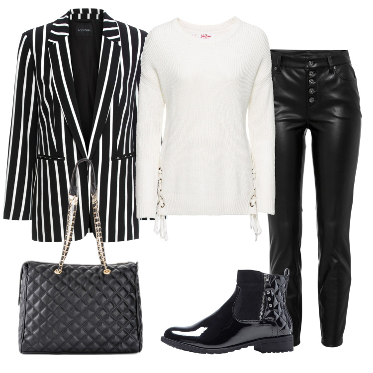 Outfit donna - Black Friday Black style. Stile Mannish per Serata fuori. Abbinamento con stivaletti, blazer, shopping bag, maglieria, pantaloni.
