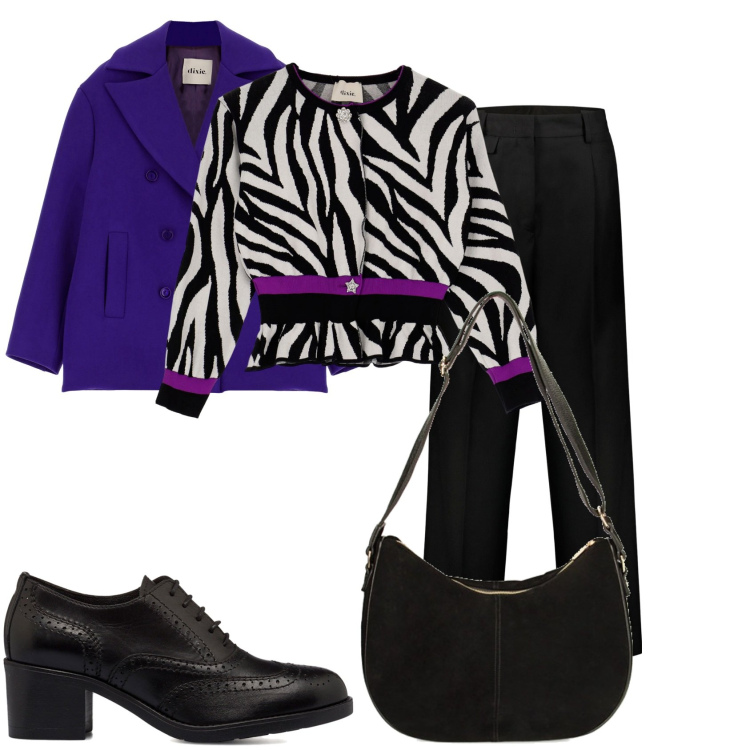 Outfit donna - Viola viola glamour. Stile Casual chic per Serata fuori. Abbinamento con borse a spalla, scarpe stringate, cardigans, cappotti, pantaloni.