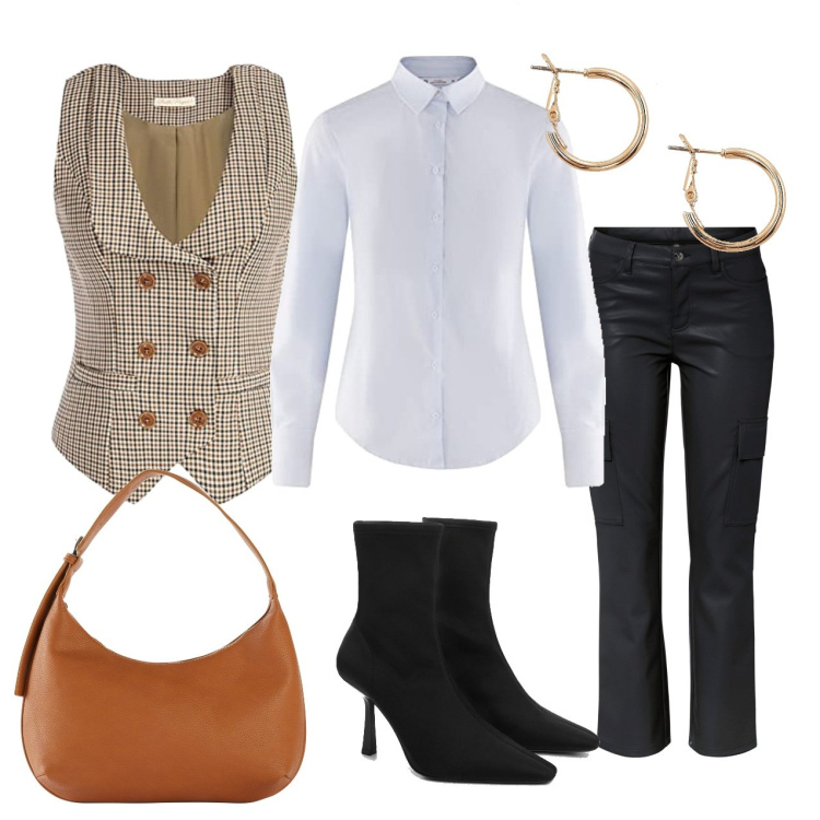 Outfit femme - Élégante en talons aiguilles. Style Chic pour Soirée dehors. Assortir avec pantalon cargo, sacs à main, gilets sans manche, bottines, chemisiers, boucles d'oreilles.