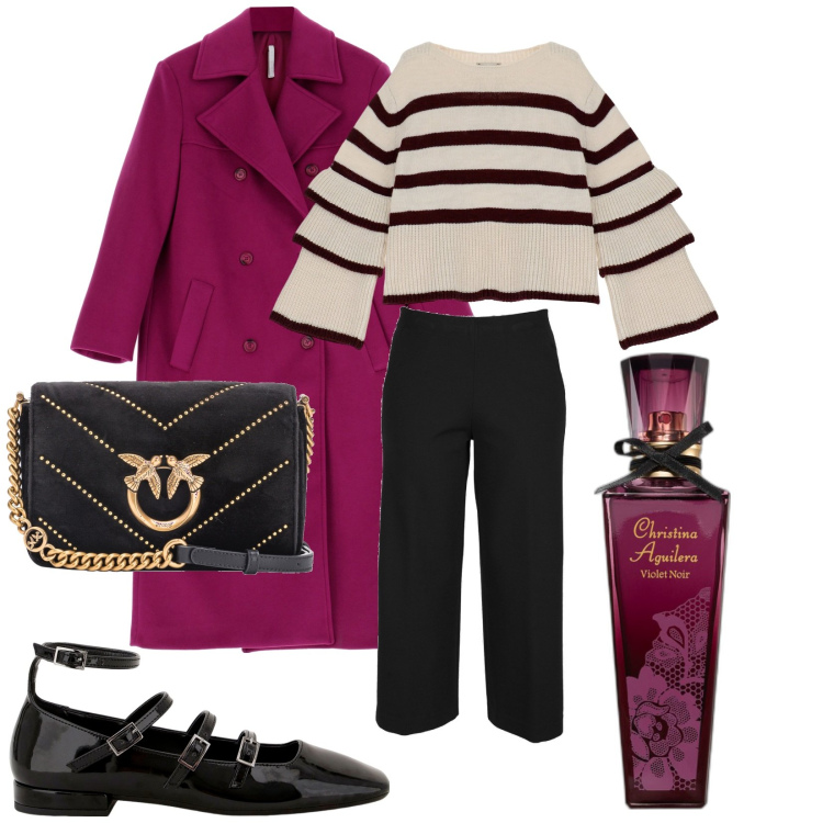 Outfit donna - Violet noir. Stile Glamour per Serata fuori. Abbinamento con profumi, borse a tracolla, cappotti, pullovers, ballerine, pantaloni.