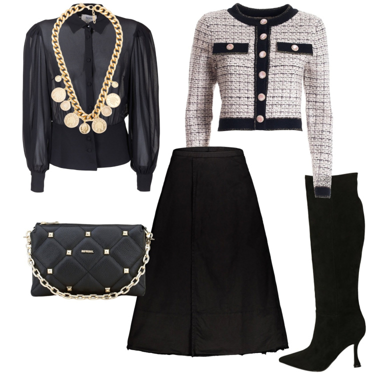Outfit donna - Rock gold e bon ton. Stile Rock per Serata fuori. Abbinamento con blazer, bluse, pochette, collane, stivali, gonne lunghe.