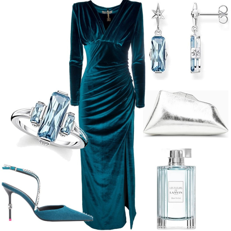 Outfit donna - Velluto elegantissimo. Stile Chic per Cerimonia. Abbinamento con profumi, scarpe col tacco, vestiti lunghi, orecchini, anelli, clutch.