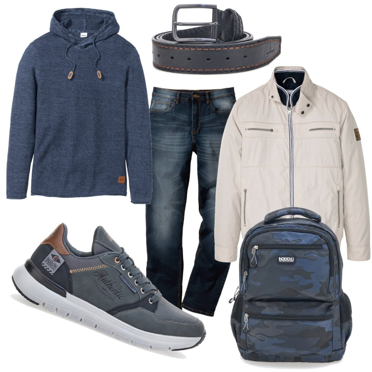 Outfit uomo - Nel quotidiano. Stile Casual per Tutti i giorni. Abbinamento con maglieria, jeans dritti, giacche, sneakers, cinture, borse sportive.