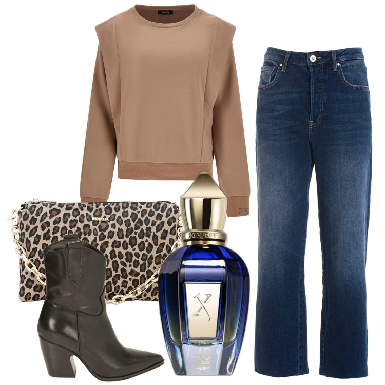 Outfit donna - Dettagli importanti. Stile Casual chic per Tutti i giorni. Abbinamento con profumi, jeans, pochette, stivaletti texani, maglieria.