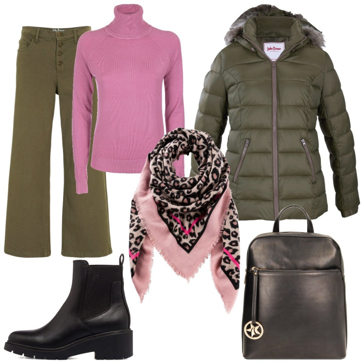 Outfit donna - Il lupetto pervinca. Stile Casual per Tutti i giorni. Abbinamento con foulard, piumini, jeans, maglieria, zaini, stivaletti.