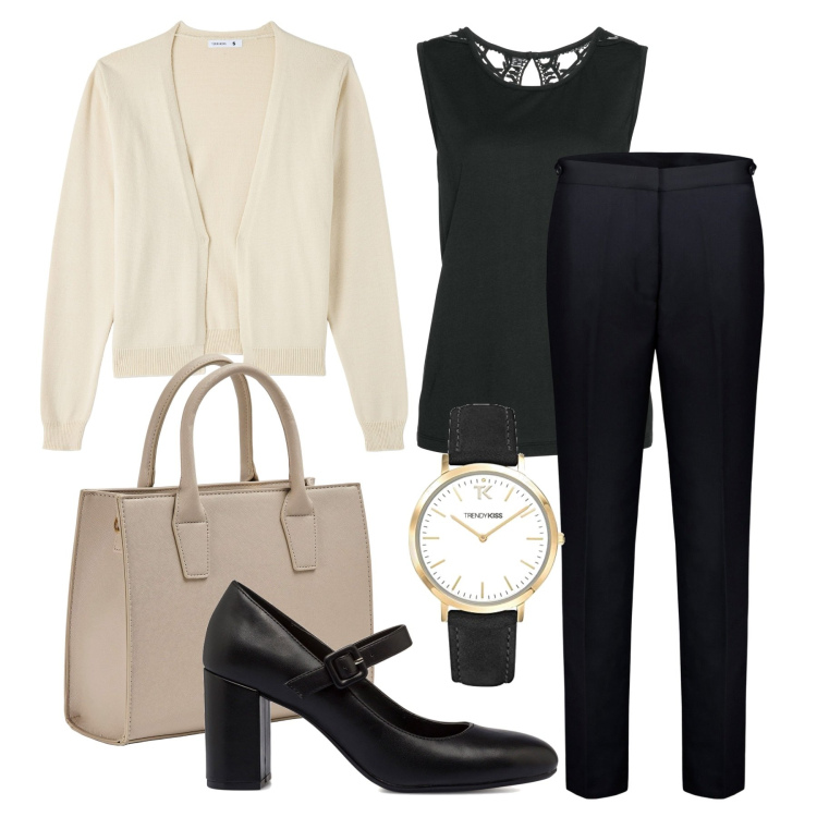 Outfit donna - Bon ton ufficio. Stile Bon Ton per Ufficio. Abbinamento con top, cardigans, shopping bag, décolleté, pantaloni, orologi.