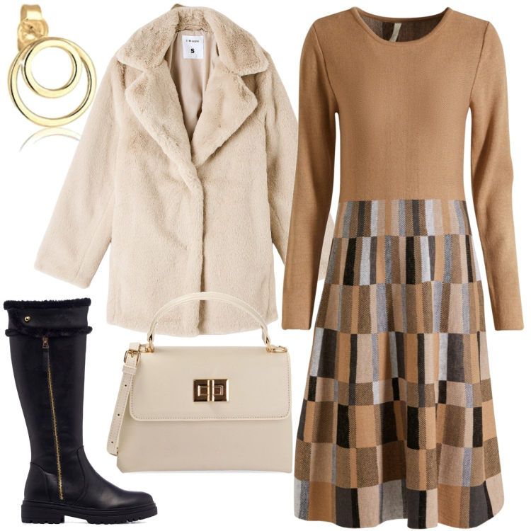 Outfit donna - Brown. Stile Casual chic per Tutti i giorni. Abbinamento con vestiti, ecopellicce, borse a mano, stivali sopra il ginocchio, orecchini.