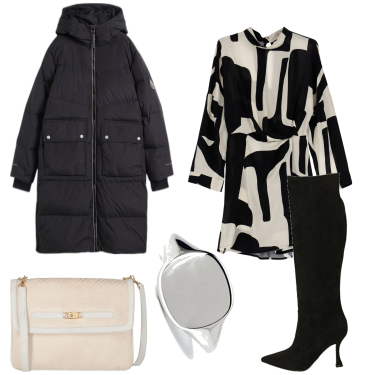 Outfit donna - Inverno trendy. Stile Trendy per Ufficio. Abbinamento con piumini, borse a tracolla, anelli, vestiti corti, stivali.