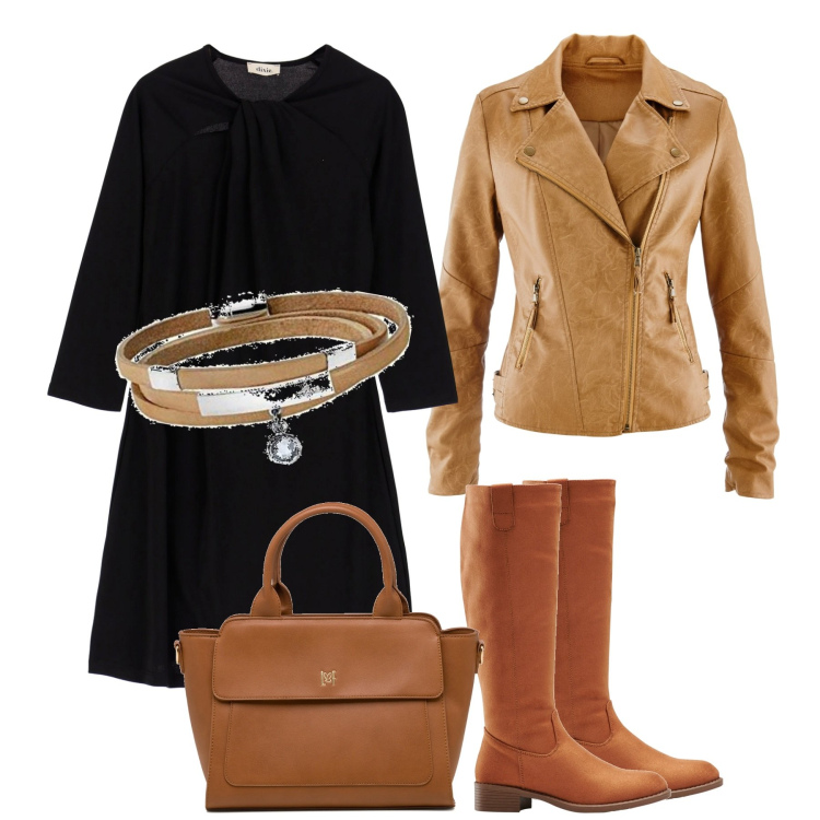 Outfit donna - City. Stile Minimal per Tutti i giorni. Abbinamento con stivali, blazer, vestiti corti, borse a mano, braccialetti.