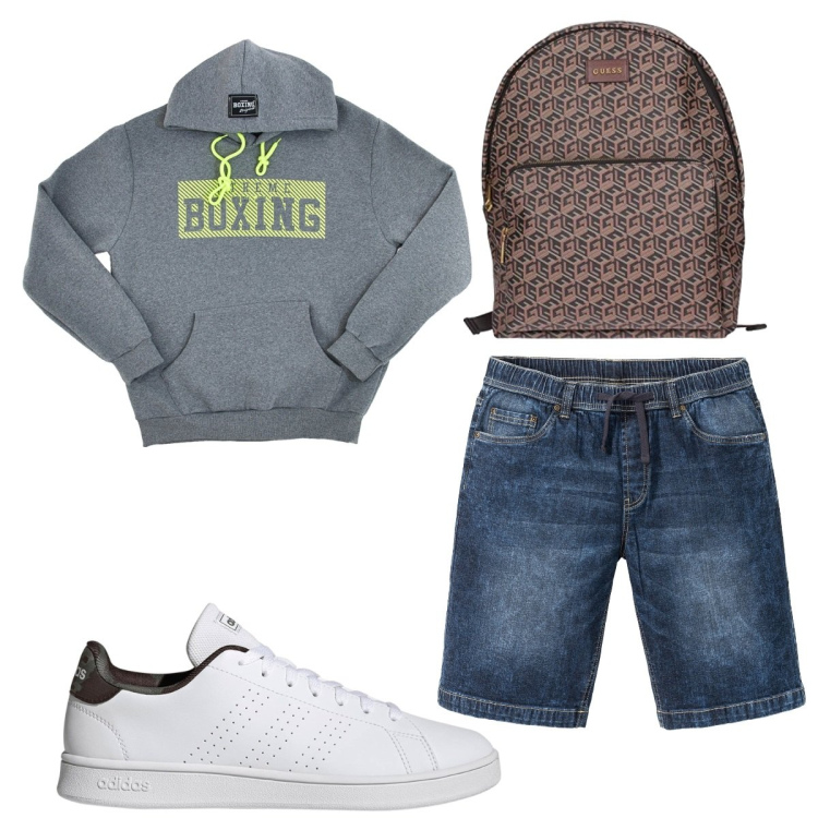 Outfit uomo - Total look #1760445. Stile Casual per Tutti i giorni. Abbinamento con bermuda, borse sportive, felpe con cappuccio, sneakers alte.