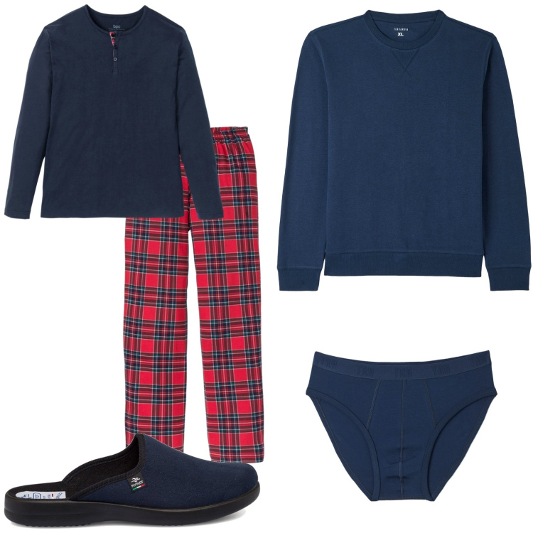 Outfit uomo - In vacanza con amici. Stile Urban per Tutti i giorni. Abbinamento con abbigliamento da notte, slip, felpe, pantofole.
