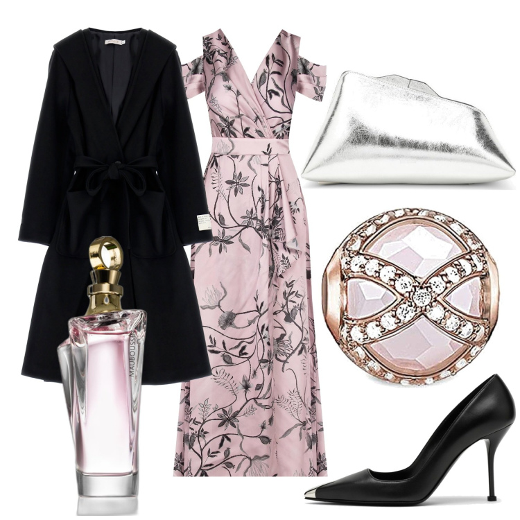 Outfit donna - Diamantair. Stile Glamour per Serata fuori. Abbinamento con profumi, cappotti, vestiti lunghi, orologi, clutch, décolleté.