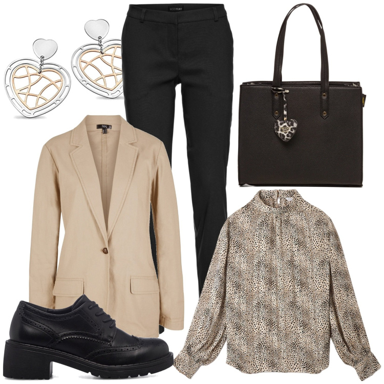 Outfit donna - Per l\'ufficio. Stile Casual per Ufficio. Abbinamento con pantaloni, blazer, bluse, scarpe stringate, borse a spalla, orecchini.