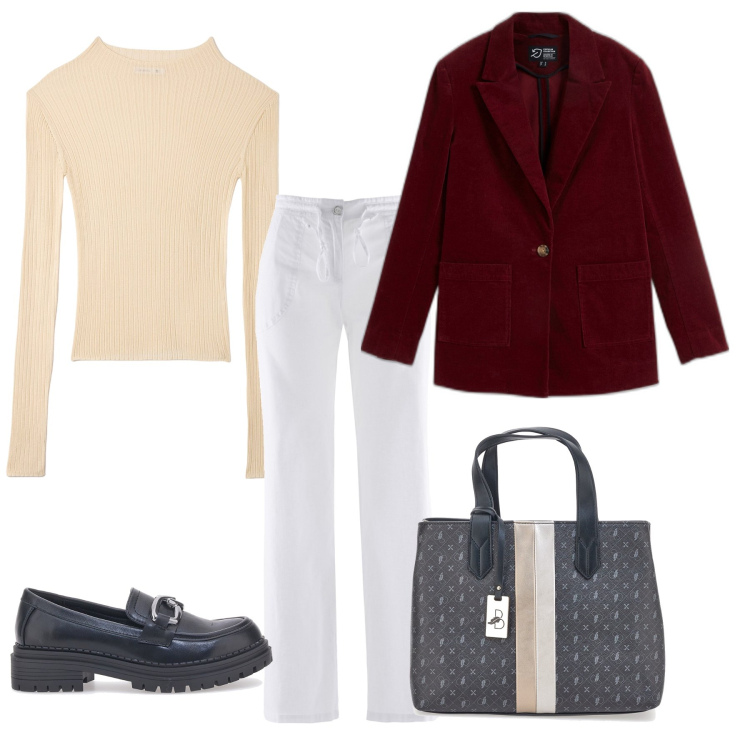 Outfit donna - Semplice semplice. Stile Basic per Tutti i giorni. Abbinamento con pantaloni a palazzo, blazer, t-shirt, mocassini, borse a mano.