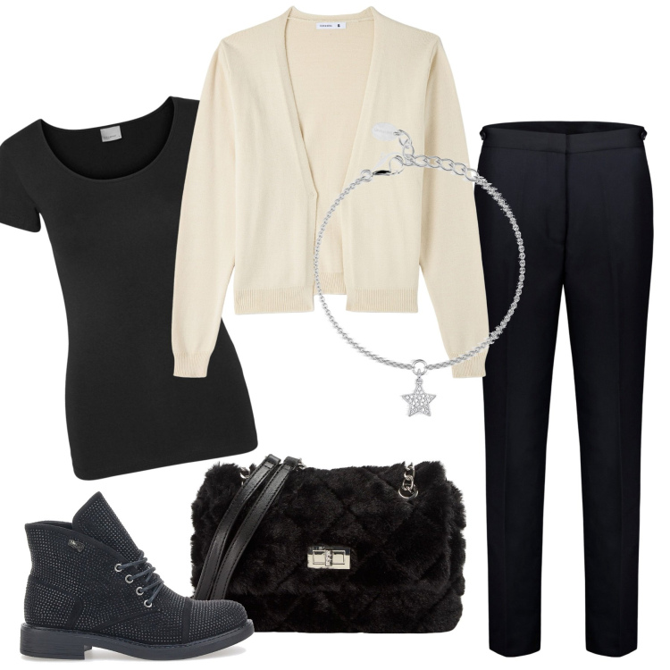 Outfit donna - Il cardigan bianco. Stile Casual per Tutti i giorni. Abbinamento con cardigans, borse a spalla, braccialetti con ciondoli, t-shirt, pantaloni, stivaletti.