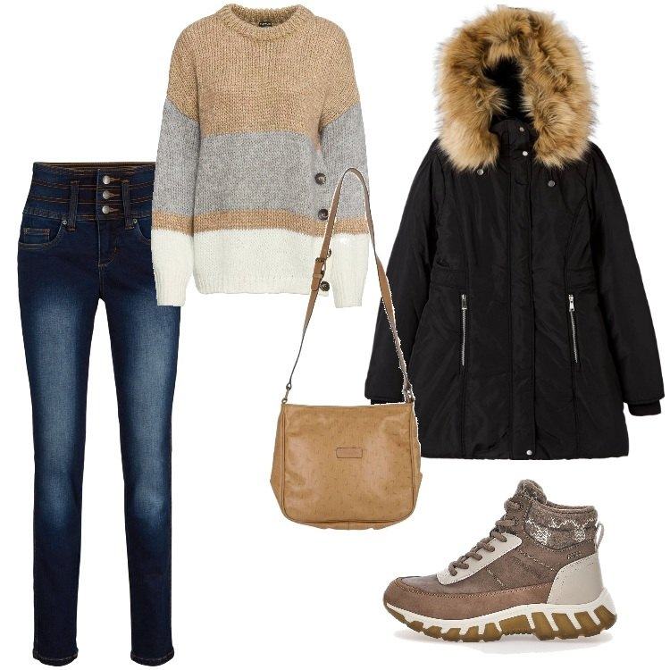 Outfit donna - Pre Black Friday - Novembre. Stile Trendy per Ufficio. Abbinamento con maglieria, jeans slim fit, borse a tracolla, parka, stivaletti.