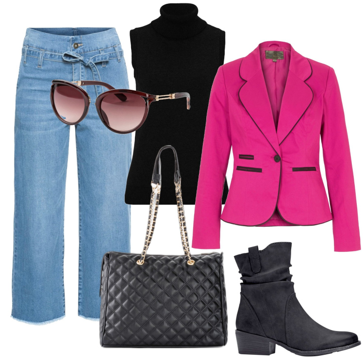 Outfit donna - Bonprix singles’ day. Stile Glamour per Ufficio. Abbinamento con stivaletti texani, occhiali da sole, shopping bag, blazer, pantaloni capri, maglieria.