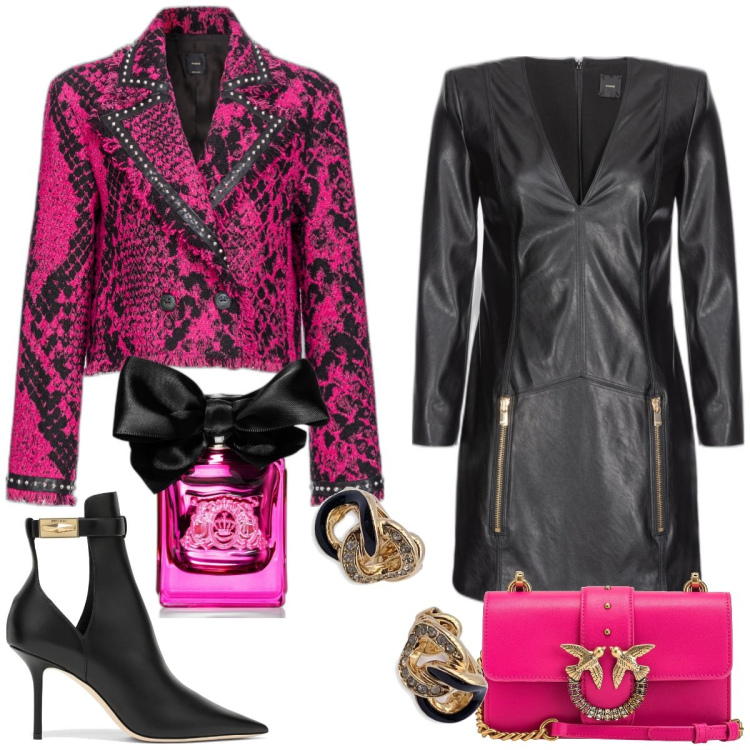 Outfit donna - Serata in pelle. Stile Rock per Serata fuori. Abbinamento con orecchini, profumi, cappotti, borse a tracolla, vestiti corti, stivaletti.