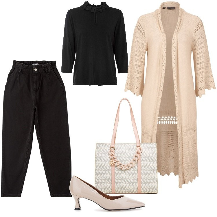 Outfit donna - Pre Black Friday - Novembre. Stile Sporty chic per Ufficio. Abbinamento con cardigans, maglieria, jeans, borse a spalla, décolleté.