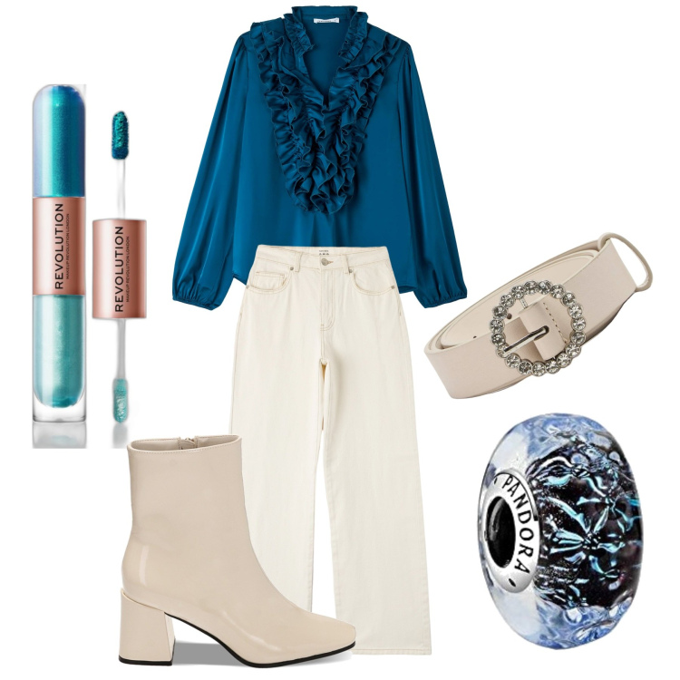 Outfit donna - Panna e ottanio. Stile Glamour per Ufficio. Abbinamento con ombretti, camicie, pantaloni, cinture, stivaletti, braccialetti.