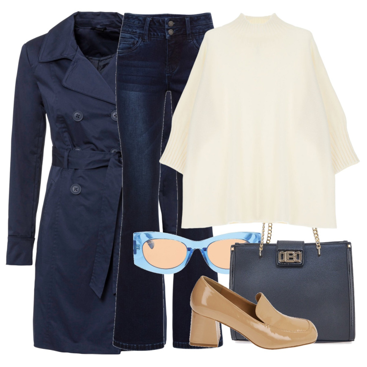 Outfit donna - Jeans e.... Stile Casual chic per Tutti i giorni. Abbinamento con trench, jeans bootcut, occhiali da sole, maglieria, mocassini, borse a spalla.