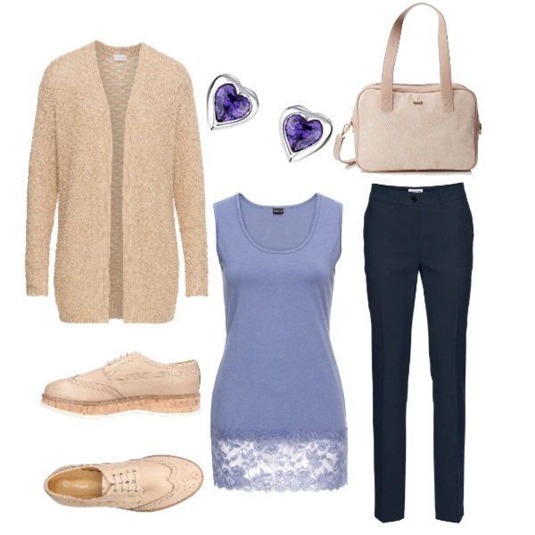 Outfit donna - Mannish con pizzo e cuori. Stile Basic per Ufficio. Abbinamento con pantaloni, top con pizzo e scollo in maglina, cardigan in in maglia beige e corda, scarpe stringate stringate con zeppe interno in pelle con punta tonda tinta unita, borsa tote rosa, orecchini argento.