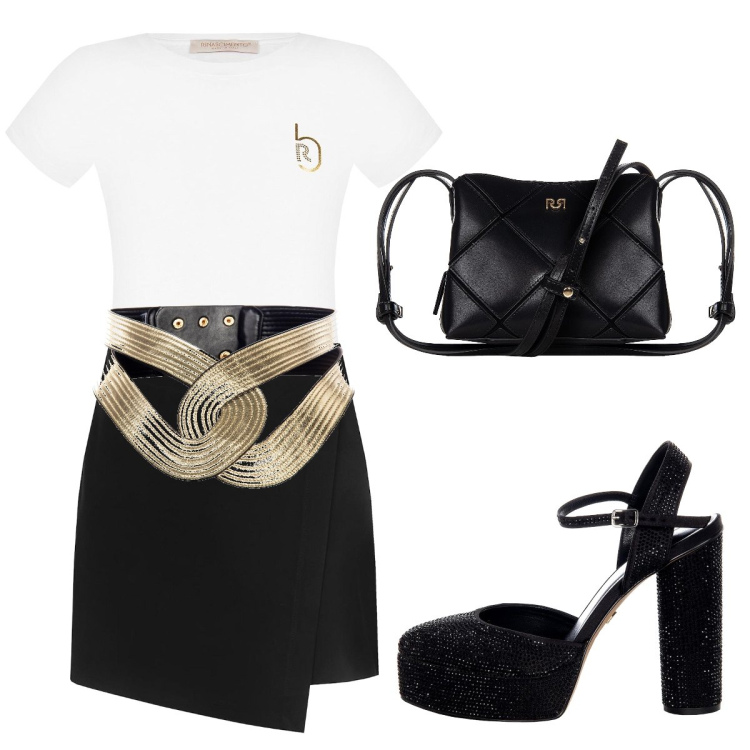 Outfit donna - T-shirt glamour. Stile Casual chic per Serata fuori. Abbinamento con minigonne, scarpe col tacco, borse a spalla, cinture, t-shirt.