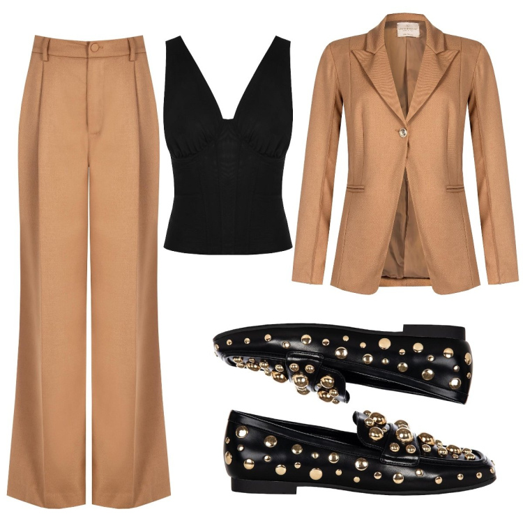 Outfit donna - Completo chic. Stile Casual chic per Ufficio. Abbinamento con mocassini, top, blazer, pantaloni a palazzo.
