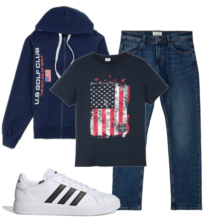 Outfit uomo - Con gli amici. Stile Casual per Tutti i giorni. Abbinamento con t-shirt, jeans, sneakers, felpe con cappuccio.